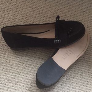 Black suede loafers with tie